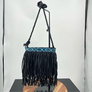 Arloom fringe bag black leather crossbody blue geometric embroidered trim